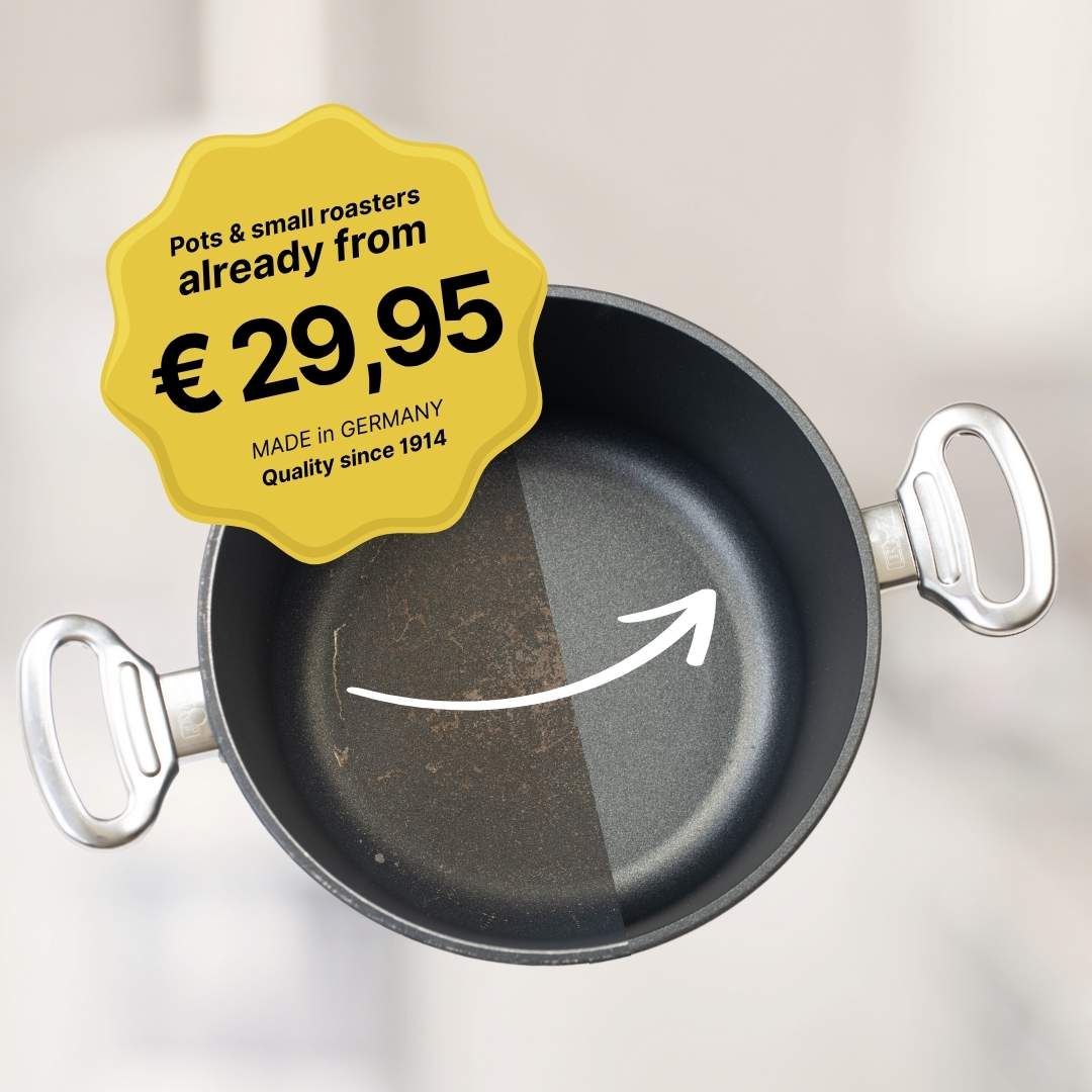 Cooking pot in a before and after comparison with half-renewed coating. Sticker with price information: “Pots & small roasters from just €29.95, Made in Germany, quality since 1914”.