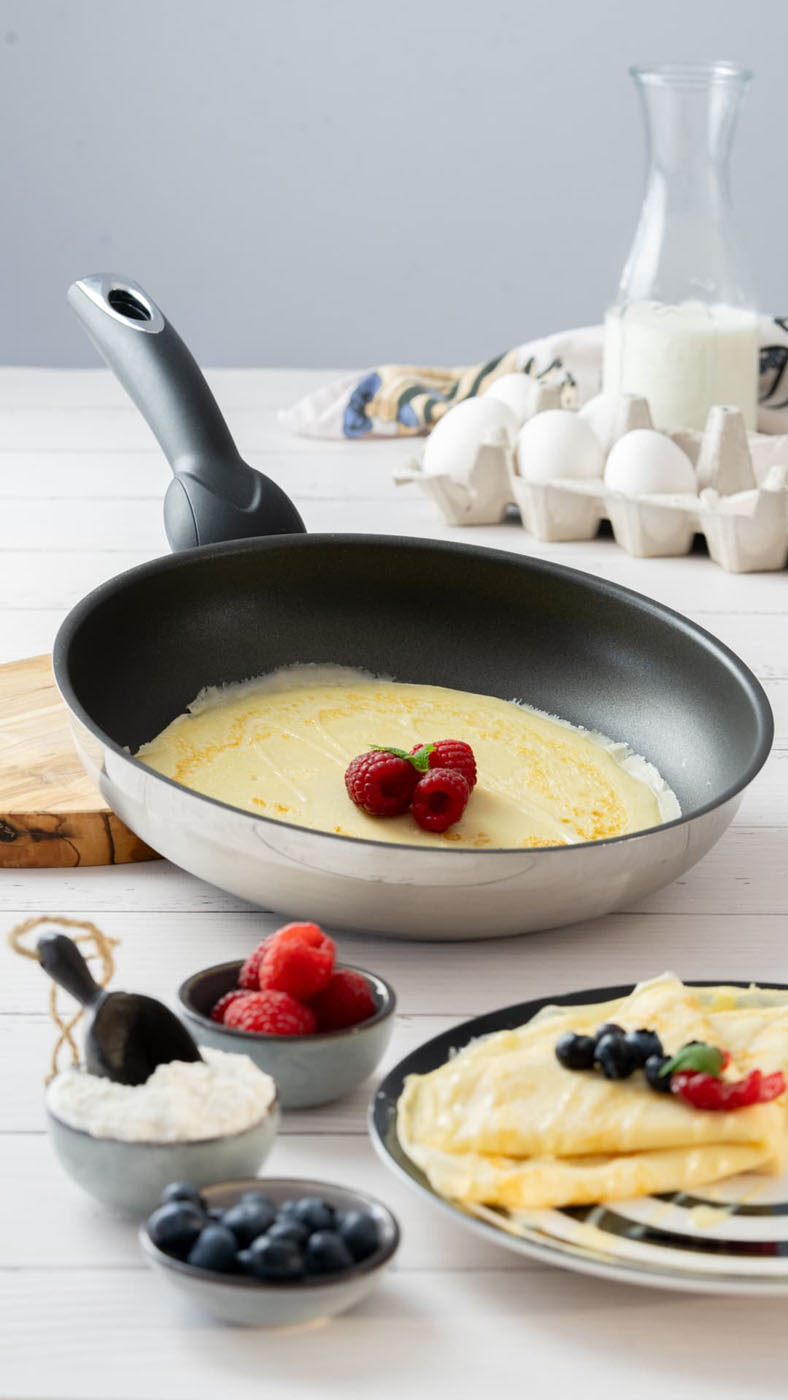 Eine Crêpe-Pfanne mit einem goldbraun gebackenen Crêpe, garniert mit frischen Himbeeren, steht auf einem hellen Holztisch. Im Vordergrund befinden sich kleine Schalen mit Mehl, Blaubeeren und Himbeeren. Daneben ein Teller mit zwei gefüllten Crêpes, garniert mit Beeren und heller Soße. Im Hintergrund stehen ein offener Eierkarton und eine Glaskaraffe mit Milch.